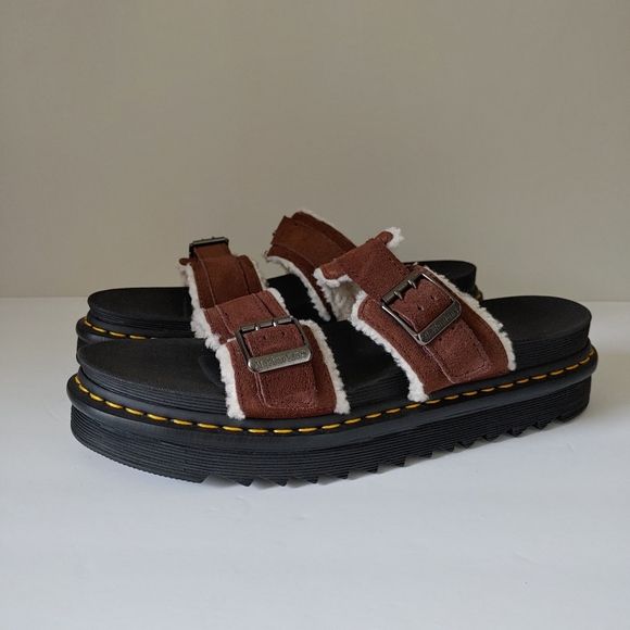 Dr. Martens Myles Suede Fur-lined Buckle Slide Sandals Dark Brown Size 13 NWT - Picture 7 of 16